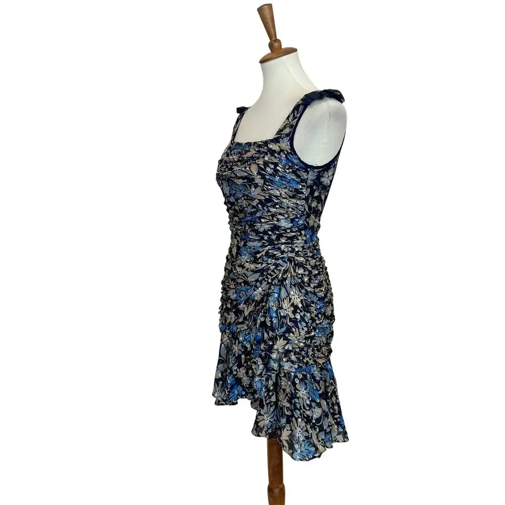 ML Monique Lhuiller Blue Floral Flounce Ruffle Mini Dress Size 4 Chiffon $545 - Picture 4 of 7